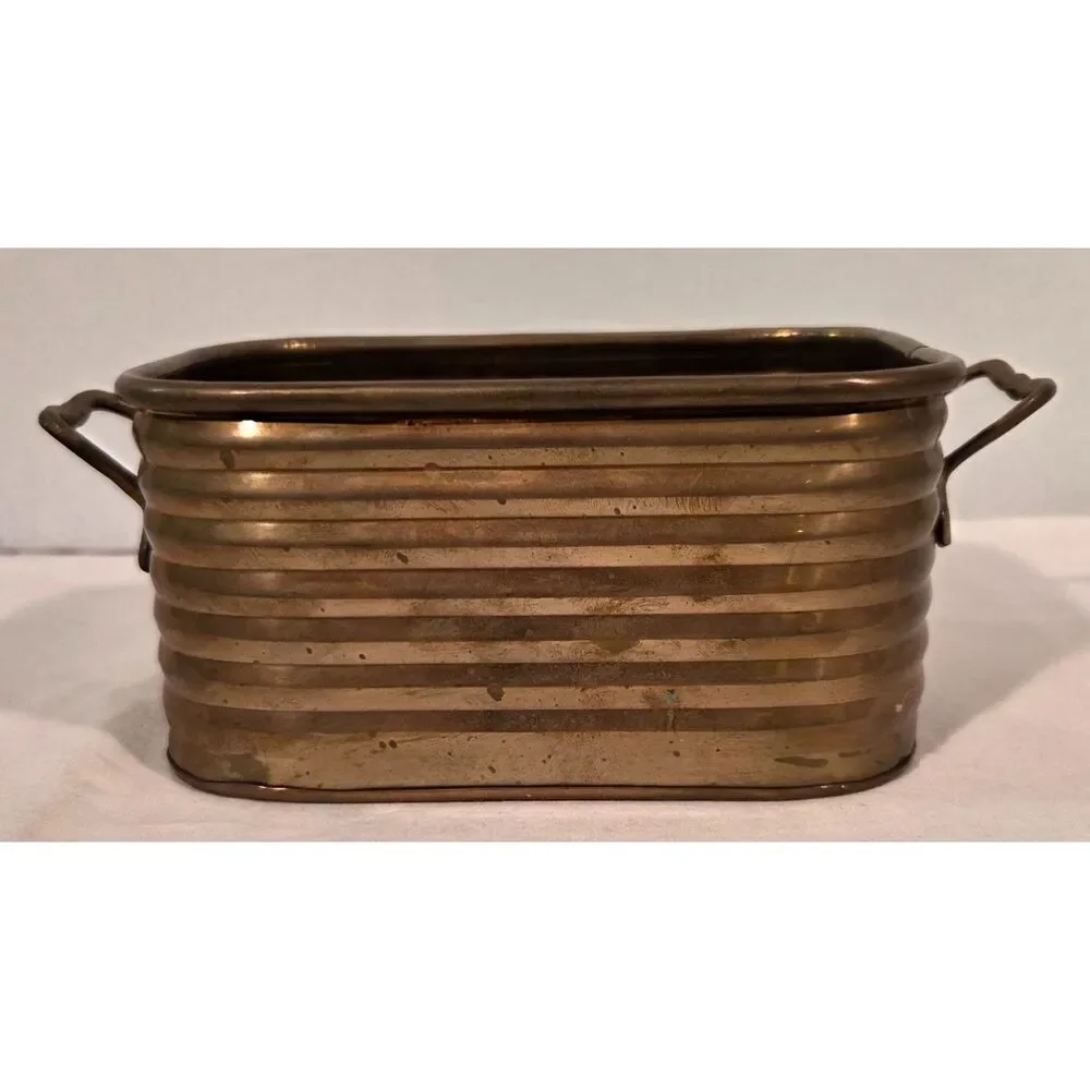 Vintage Brass Planter Oval Ribbed Metal Cachepot Made in India